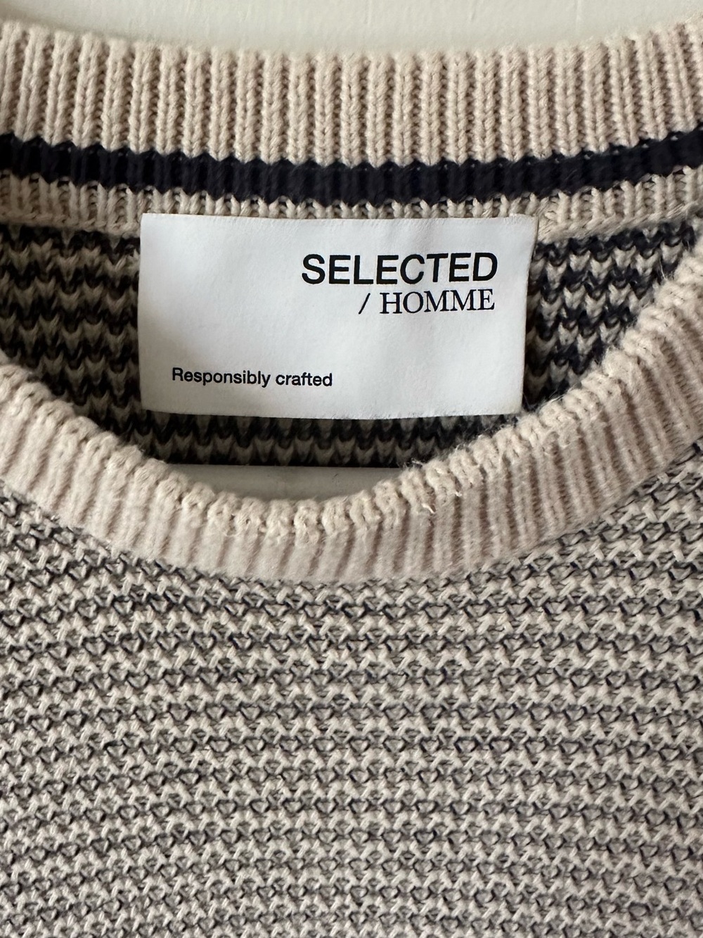 Selected Homme Men's Cream and Gray Textured Crewneck Sweater - Picture 2 of 2